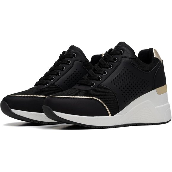 Cestfini Women Black Wedge High Heeld Lace Up Daily Wear Sneaker for Casual - Picture 6 of 7